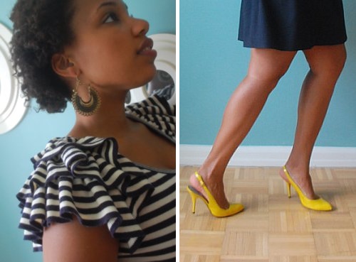 M Ruffle Sleeve Top, Club Monaco Sailor Skirt, Guess Yellow Patent Slingback Shoes