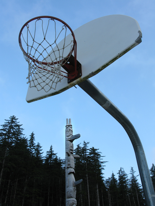 Kasaan, Alaska's Unity Pole and a basketball hoop