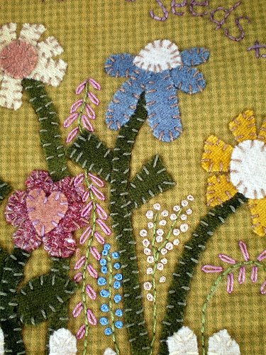 Hand-Appliqued Wool Flowers on Quilt