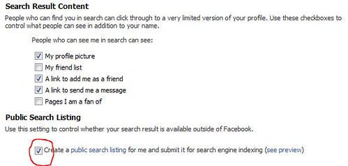 Facebook public search listing privacy options