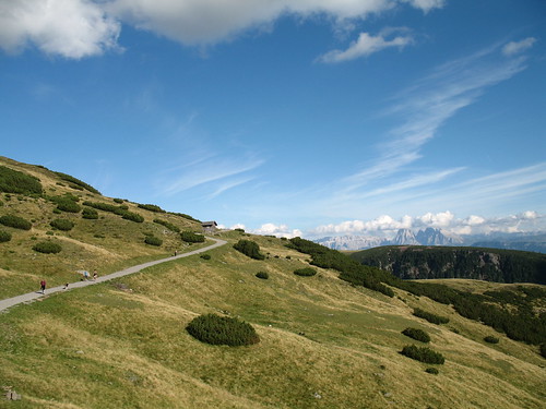 Der Panoramaweg in Richtung Gedrumalm mit den Grödner Dolomiten im Hintergrund