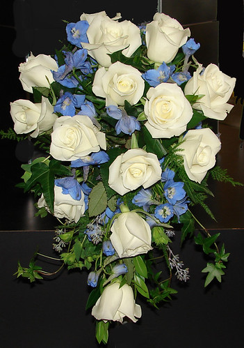 wedding flowers blue. White and Blue Cascade Wedding