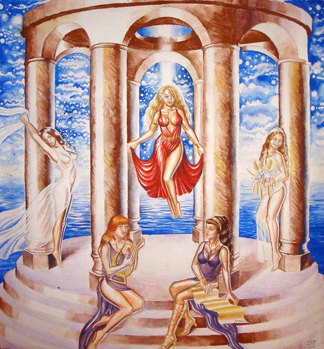 Sappho, Erinna and two of the maidens on the isle in the temple of Aphrodite, celebrating the goddess
