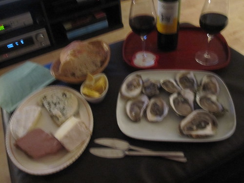 paté, cheeses, bread, oysters, wine
