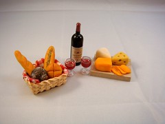 Dollhouse Miniature - Gourmet Wine with Bread and Cheese