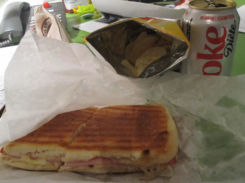 Ham and cheese panini ($6.49), chips and Diet Coke ($2.50)