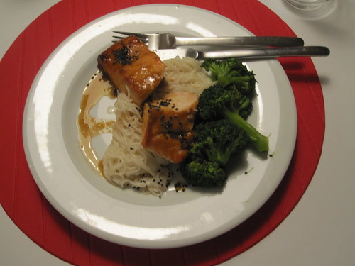 Miso-maple salmon with broccoli and rice noodles