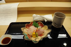 Tai (red sea bream), tsubasu (young amberjack), pickled chrysantheneum petals, wasabi. Kikunoi, Kyoto