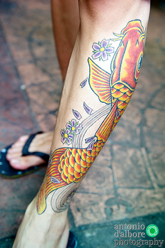 Koi Good Luck Fish Tattoo. Chinese koi good luck fish tattoed on a leg of an 