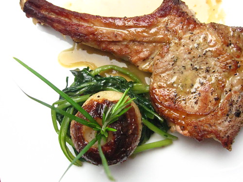 roasted veal chop, roasted turnip and dandelion greens