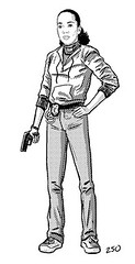 black and white drawing of Kima Greggs holding a gun. Her hair is pulled back and she is standing up straight