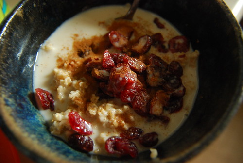 Steel cut oatmeal with almonds, cranberries and almond milk