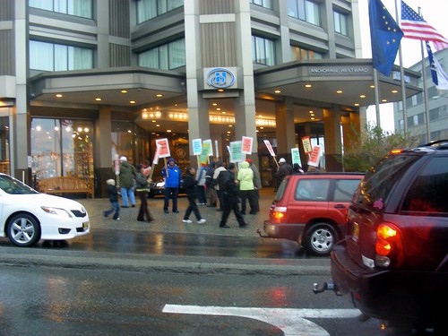 Members of United HERE Local 878 spent a good part of the day on September 25 in the rain outside the Anchorage Hilton picketing for a fair contract.