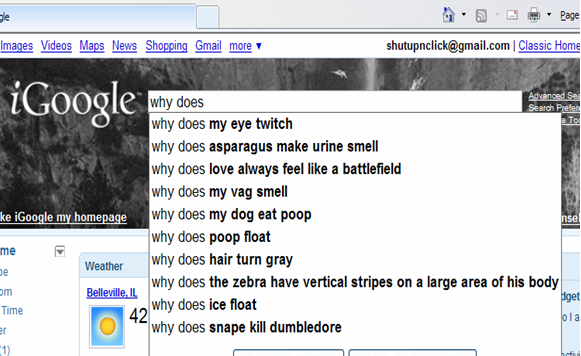 google suggestions funny. questions into Google to