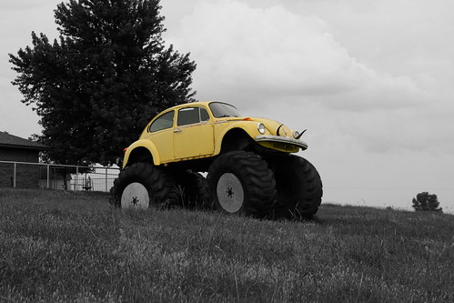 Some guy decided to put an old VW Bug in his yard slap on some HUGE tires 