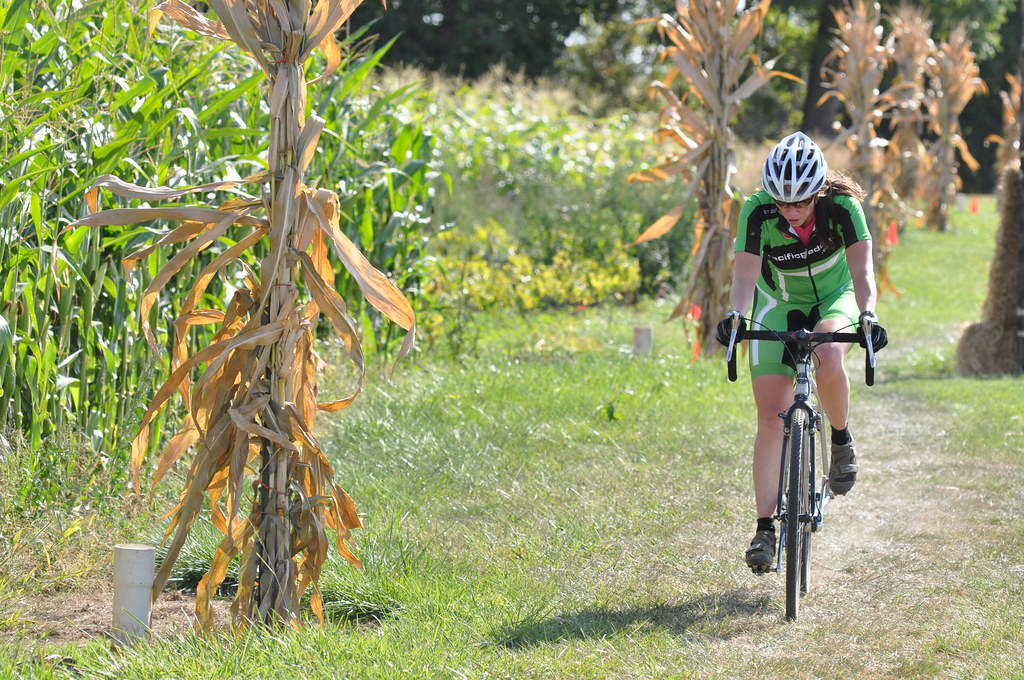 Martha cranking alongside the cornfield in her race