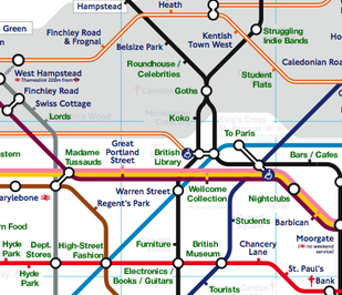 detail of Tube map with 'main points of interest' - click to see full map