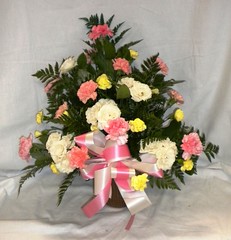 SA009  Sympathy Arrangement: Symmetrical Pink and Yellow Carnations and Roses