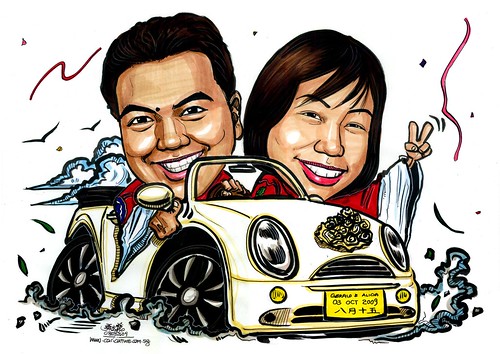 wedding couple caricatures on Mini Cooper convertible A3