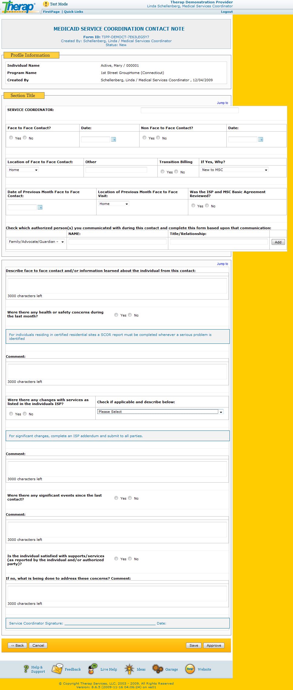 Screenshot of Medicaid Service Coordination Contact Note
