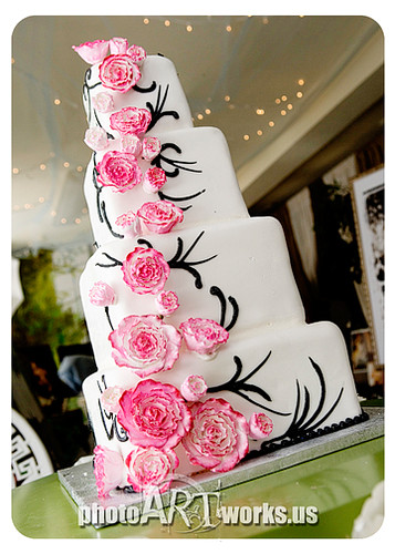 hot pink black and white wedding cakes. Hot pink ranaculus cake
