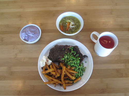 Veggie and rice soup, steak-frites with peas, blueberry mousse, lemonade - $6 from the bistro