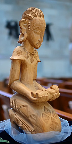 Carved statue, "Mother and Child", made in Kenya, from the collection of the Marianum, photographed at the Cathedral of Saint Peter, in Belleville, Illinois, USA