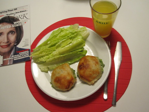 Broccoli turnovers, salad Orangina