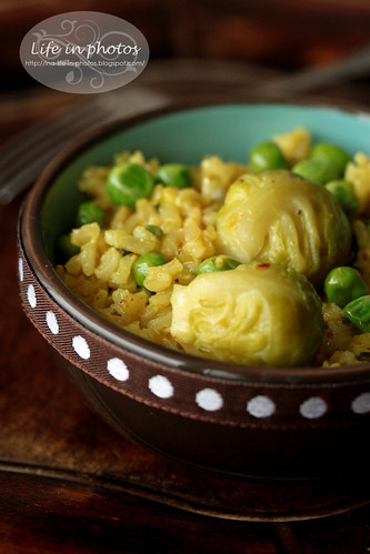 Brown rice with peas and brussel sprouts
