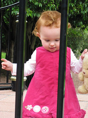 garden girl 1 = looking through the bars, bear in hand...