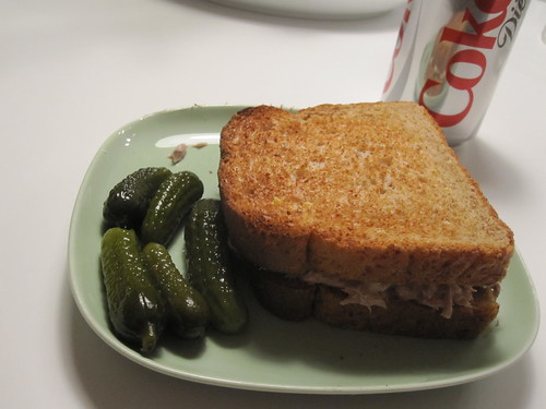 Tuna sandwich, pickles, Diet Coke