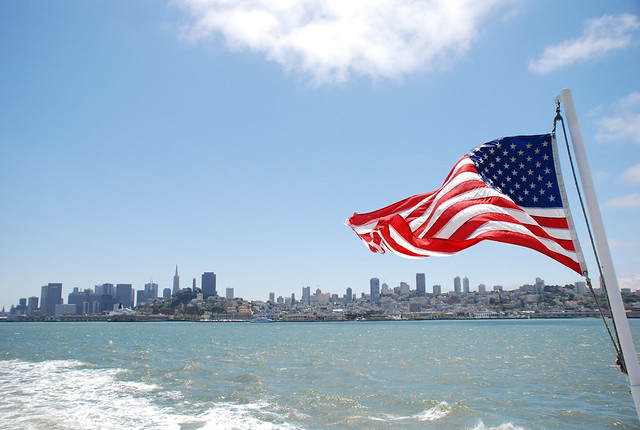 San Francisco view with flag