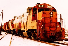Eastbound Illinois Central Gulf transfer train. Chicago Illinois. January 1986.