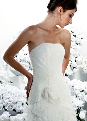 Wedding dress decorated with feathers.