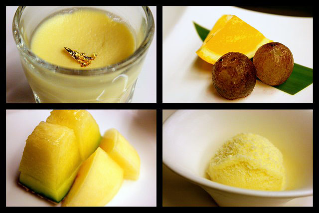 Desserts - Custard Pudding, Orange Jelly with Kyoho Grapes, Japanese melon and peach, Melon ice cream