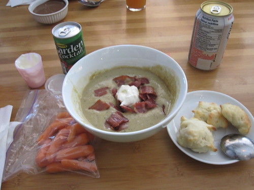 Carrots, celery-bacon soup with sour cream, biscuits, veggie juice from home, Diet coke ($1.25)