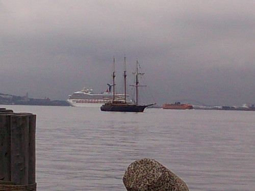 3 masted ship in NY Harbor w/cruise ship & ferry in background
