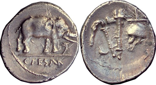 443-01-09214-37-CAESAR Julius Caesar Spain mint 49BC  Elephant snake Simpulum sprinkler axe apex Denarius