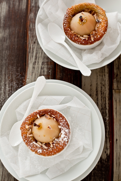 Poached Pear Almond Souffle Cakes