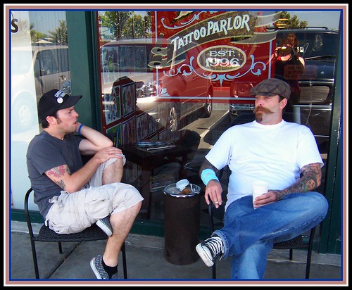 July 2008 · Kevin and Todd relaxing in front of Ace High Tattoo Fullerton, 