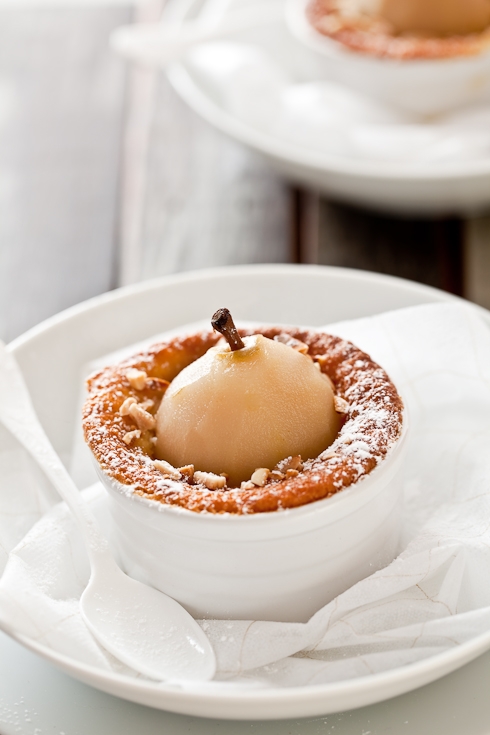 Poached Pear Almond Souffle Cakes