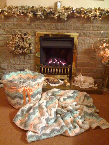 Fireside Basket - Crocheted.  With my Fireside Ripple Blanket.