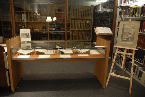 Display of books from a temporary exhibit on Galileo Galilei in the Dibner Library of the History of Science and Technology