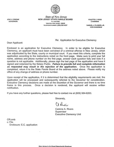 NJ Application for Executive Clemency Cover Letter