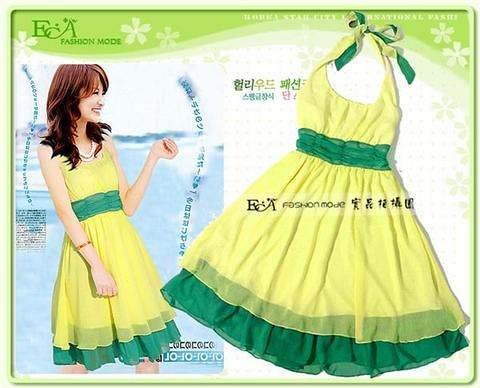 yello and green halter frock