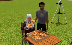 Milo has pizza with the elderly girlfriend