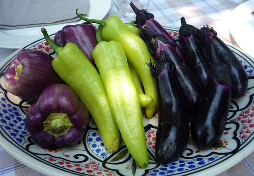 purple peppers chilis finger eggplants farmers market