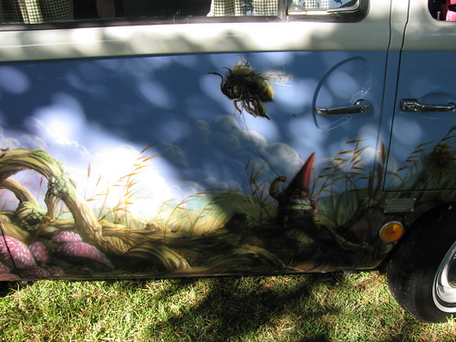 My first car was an orange VW Bug no gnome mural unfortunately