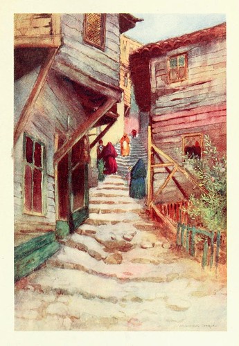 012-Una tipica calle del antiguo barrio turco- Constantinople painted by Warwick Goble (1906)
