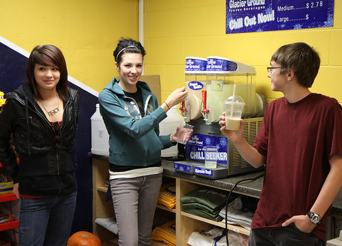 Eagles Nest staff trying out the new frozen drink machine.